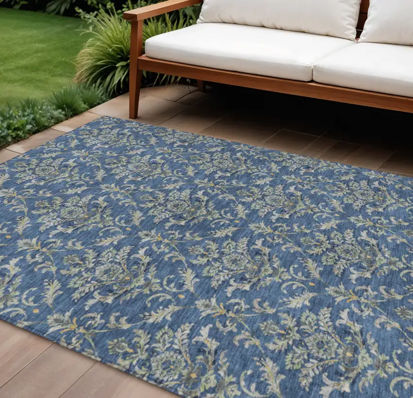 Navy Blue Wheat And Ivory Damask Washable Indoor Outdoor Area Rug Photo 1