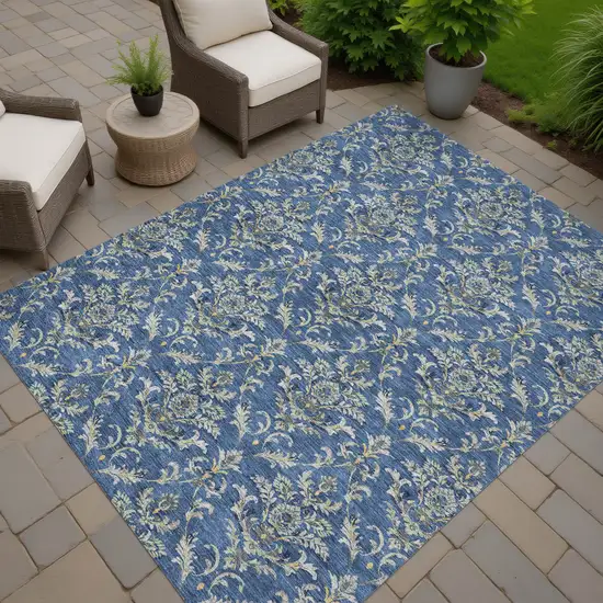 Navy Blue Wheat And Ivory Damask Washable Indoor Outdoor Area Rug Photo 8