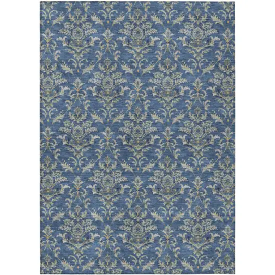 Navy Blue Wheat And Ivory Damask Washable Indoor Outdoor Area Rug Photo 2