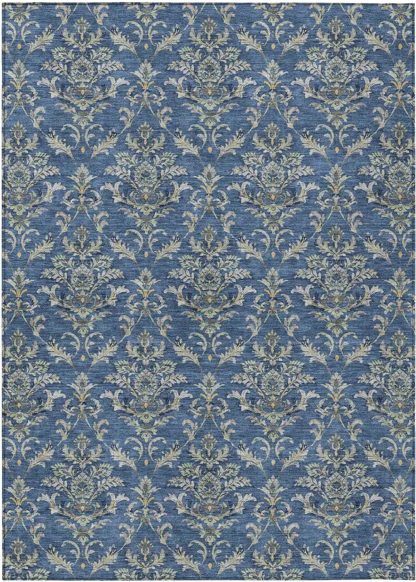 Navy Blue Wheat And Ivory Damask Washable Indoor Outdoor Area Rug Photo 2