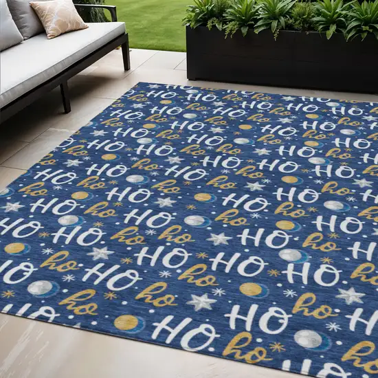 Navy Blue White And Gold Polka Dot Washable Indoor Outdoor Area Rug Photo 2