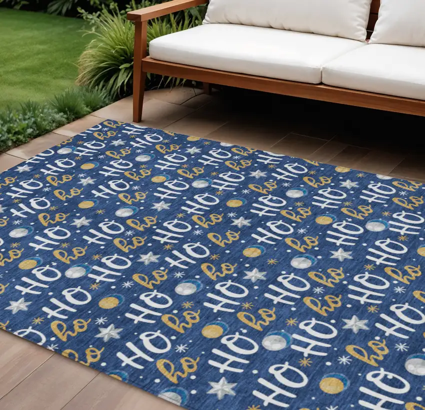 Navy Blue White And Gold Polka Dot Washable Indoor Outdoor Area Rug Photo 2