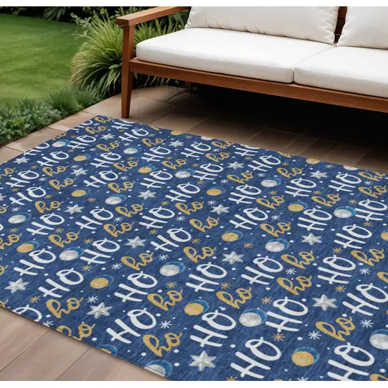 Navy Blue White And Gold Polka Dot Washable Indoor Outdoor Area Rug Photo 2