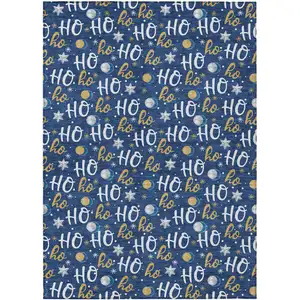 Photo of Navy Blue White And Gold Polka Dot Washable Indoor Outdoor Area Rug