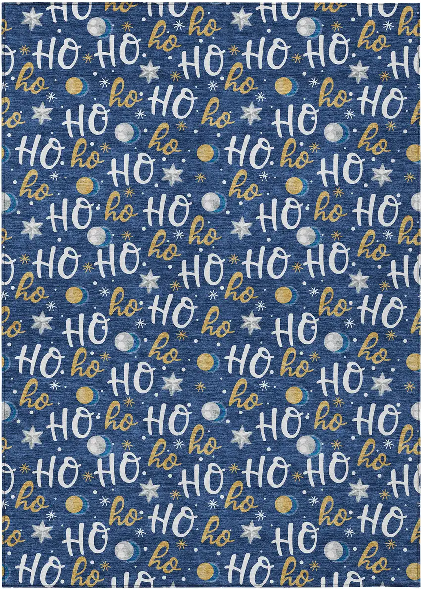 Navy Blue White And Gold Polka Dot Washable Indoor Outdoor Area Rug Photo 1