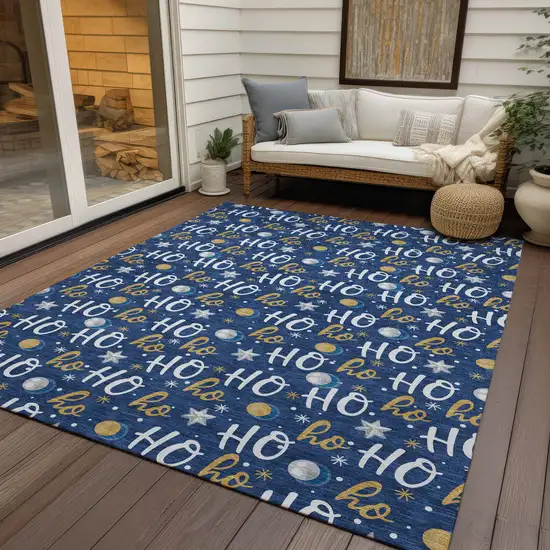 Navy Blue White And Gold Polka Dot Washable Indoor Outdoor Area Rug Photo 5