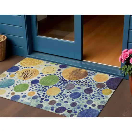 Navy Blue Yellow And Green Geometric Washable Indoor Outdoor Area Rug Photo 2