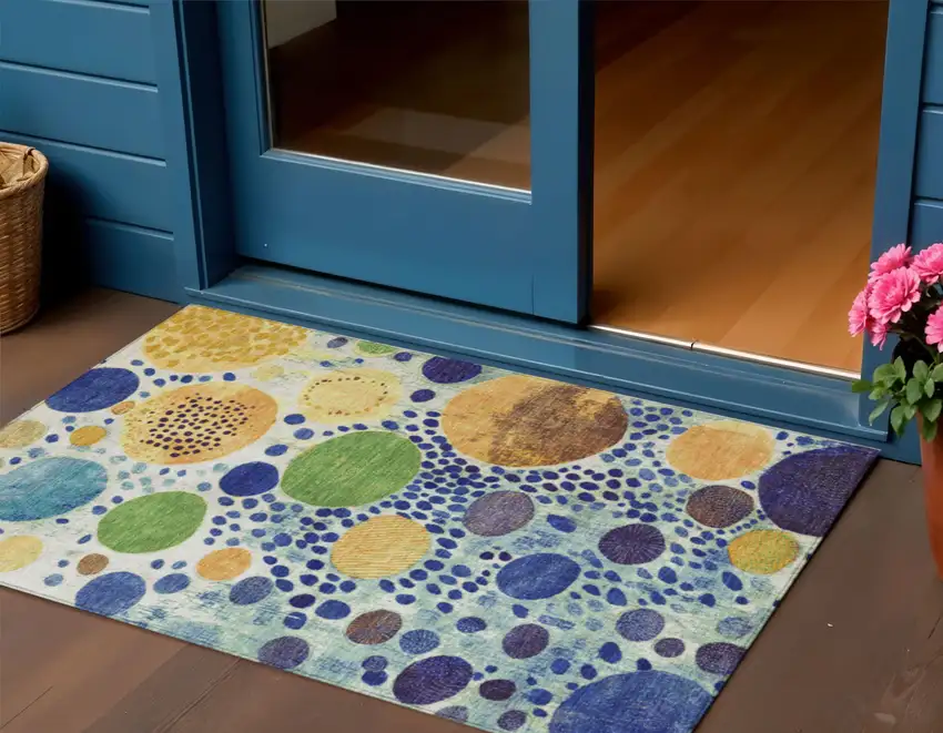 Navy Blue Yellow And Green Geometric Washable Indoor Outdoor Area Rug Photo 2