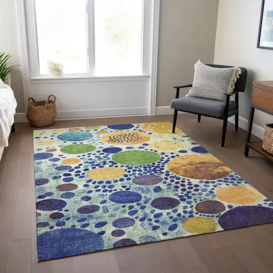 Navy Blue Yellow And Green Geometric Washable Indoor Outdoor Area Rug Photo 6