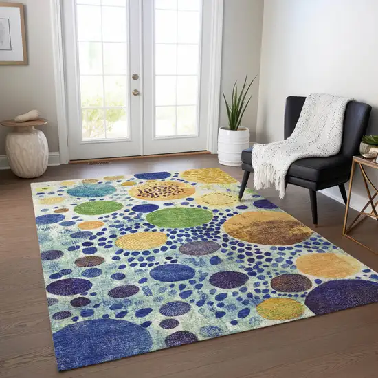 Navy Blue Yellow And Green Geometric Washable Indoor Outdoor Area Rug Photo 4