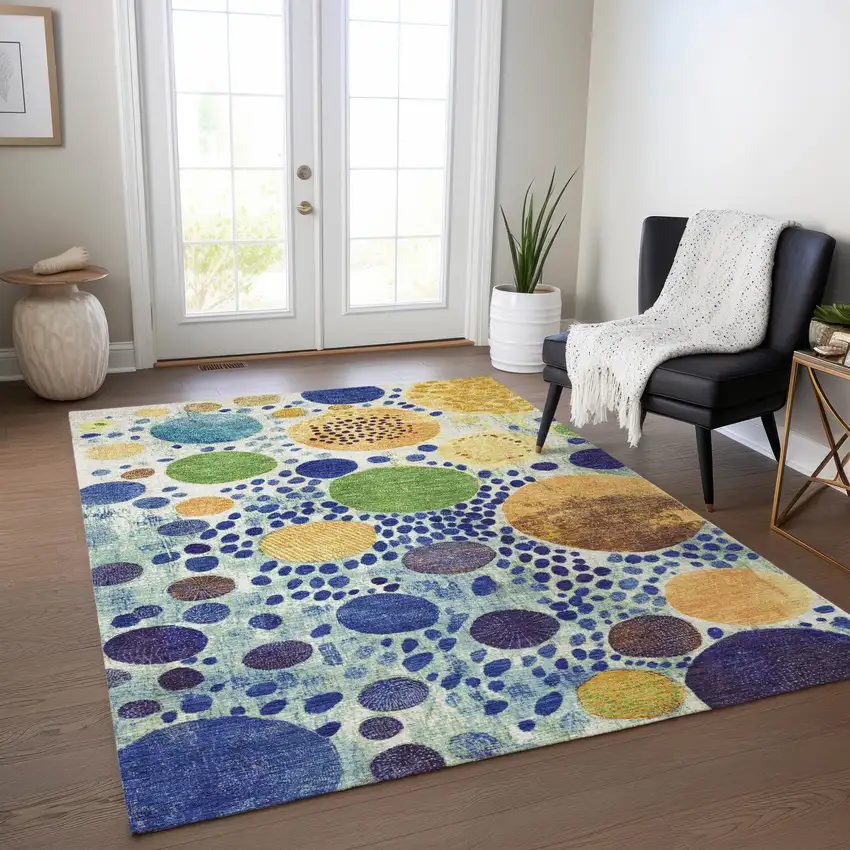 Navy Blue Yellow And Green Geometric Washable Indoor Outdoor Area Rug Photo 4