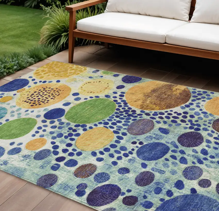 Navy Blue Yellow And Green Geometric Washable Indoor Outdoor Area Rug Photo 2
