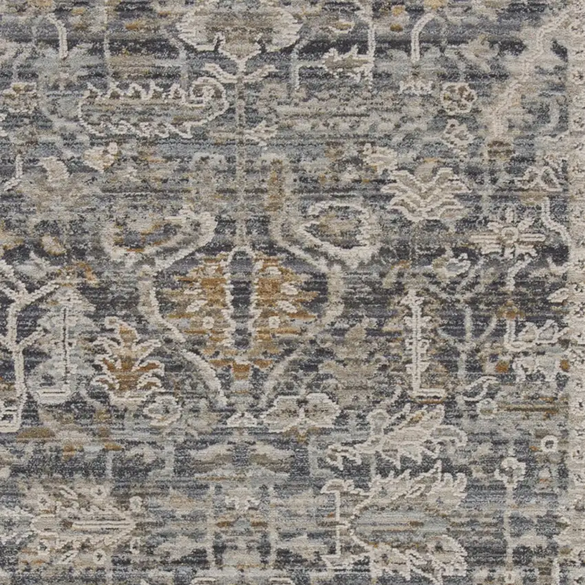 Navy Blue Yellow And Ivory Oriental Distressed Area Rug With Fringe Photo 6