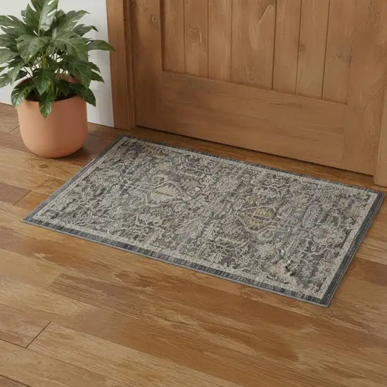 Navy Blue Yellow And Ivory Oriental Distressed Area Rug With Fringe Photo 1