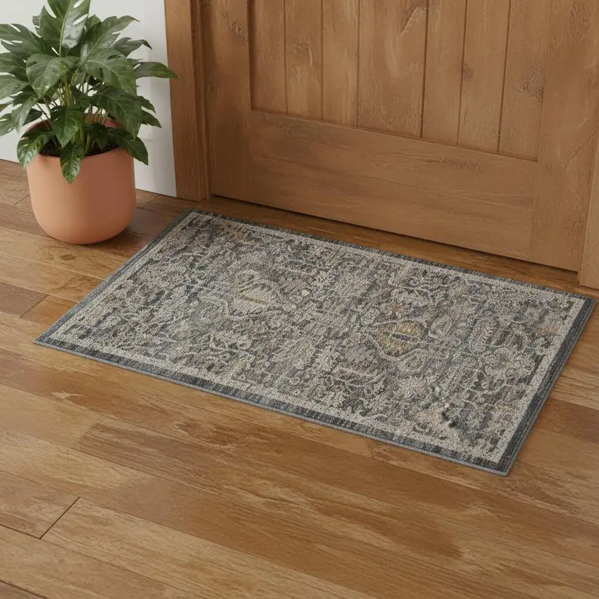 Navy Blue Yellow And Ivory Oriental Distressed Area Rug With Fringe Photo 1