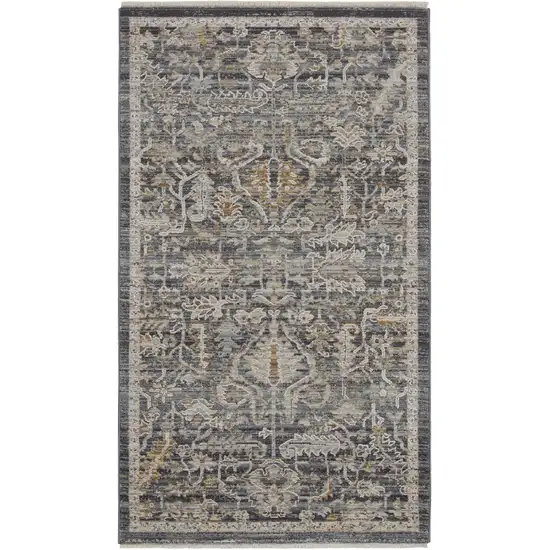 Navy Blue Yellow And Ivory Oriental Distressed Area Rug With Fringe Photo 2