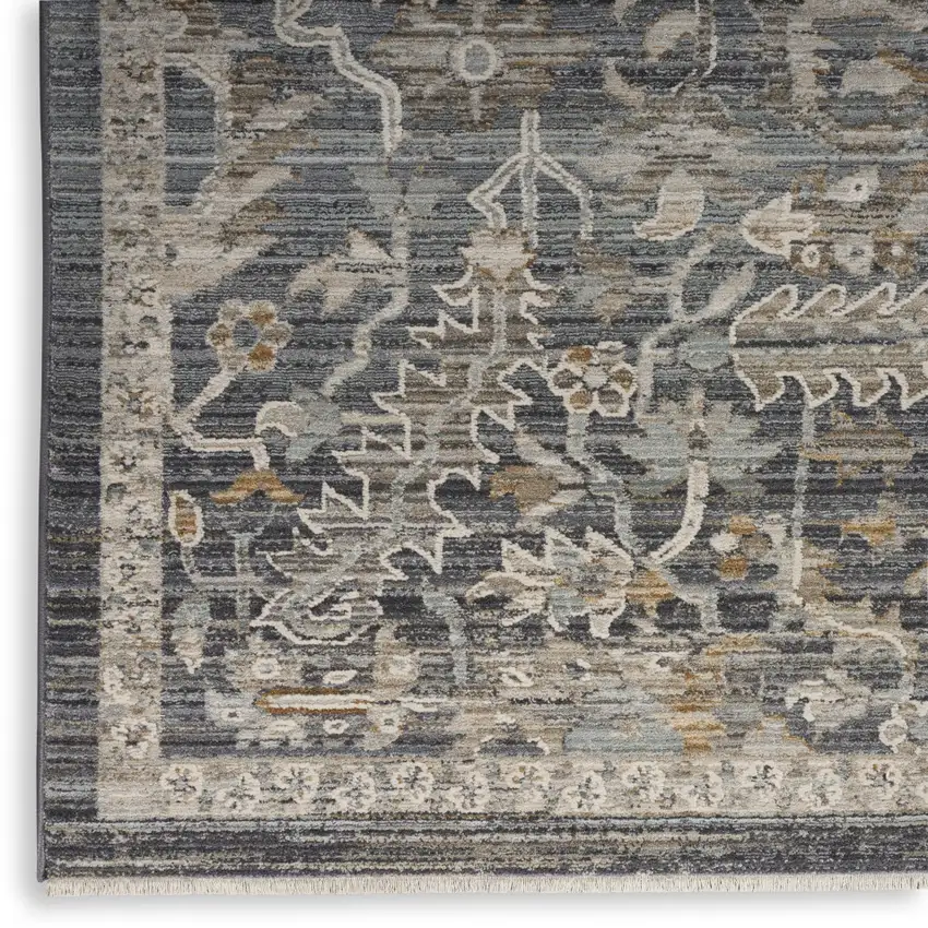 Navy Blue Yellow And Ivory Oriental Distressed Area Rug With Fringe Photo 9