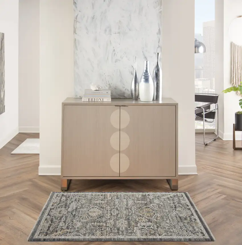 Navy Blue Yellow And Ivory Oriental Distressed Area Rug With Fringe Photo 5