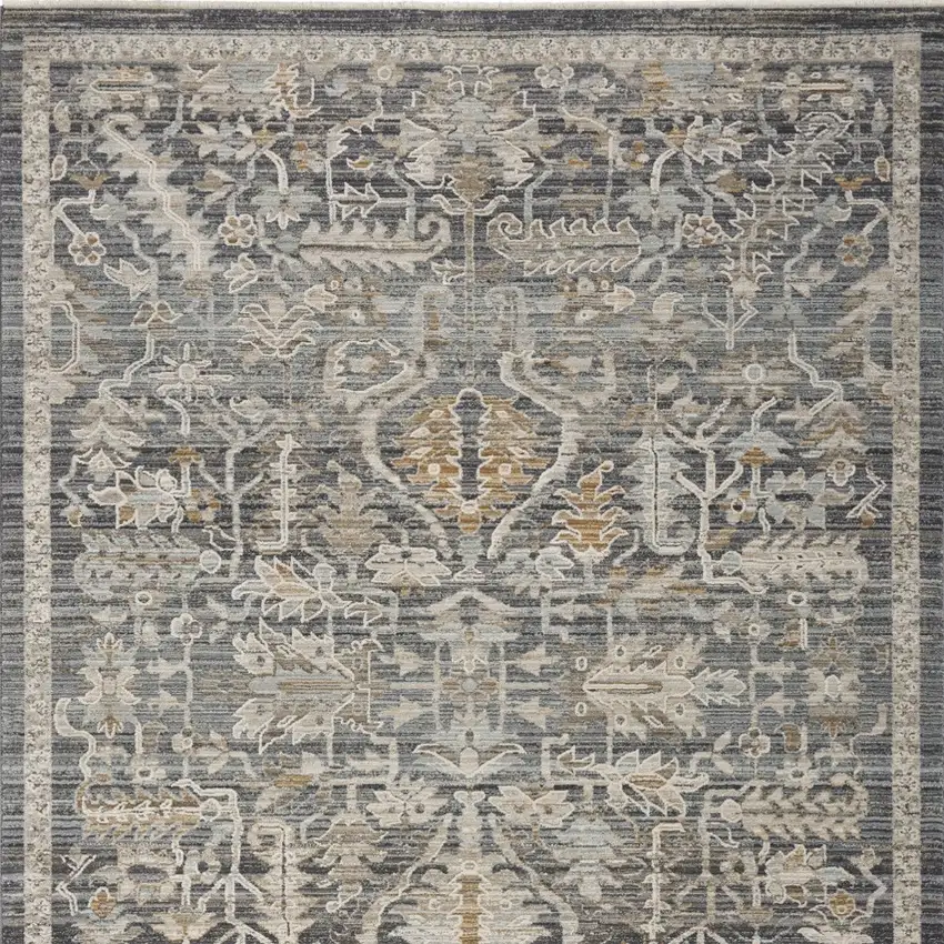 Navy Blue Yellow And Ivory Oriental Distressed Area Rug With Fringe Photo 8