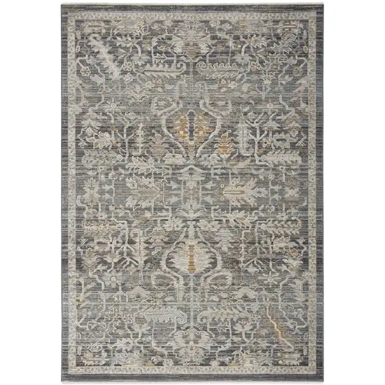 Navy Blue Yellow And Ivory Oriental Distressed Area Rug With Fringe Photo 2