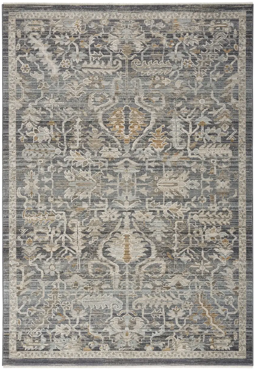 Navy Blue Yellow And Ivory Oriental Distressed Area Rug With Fringe Photo 2