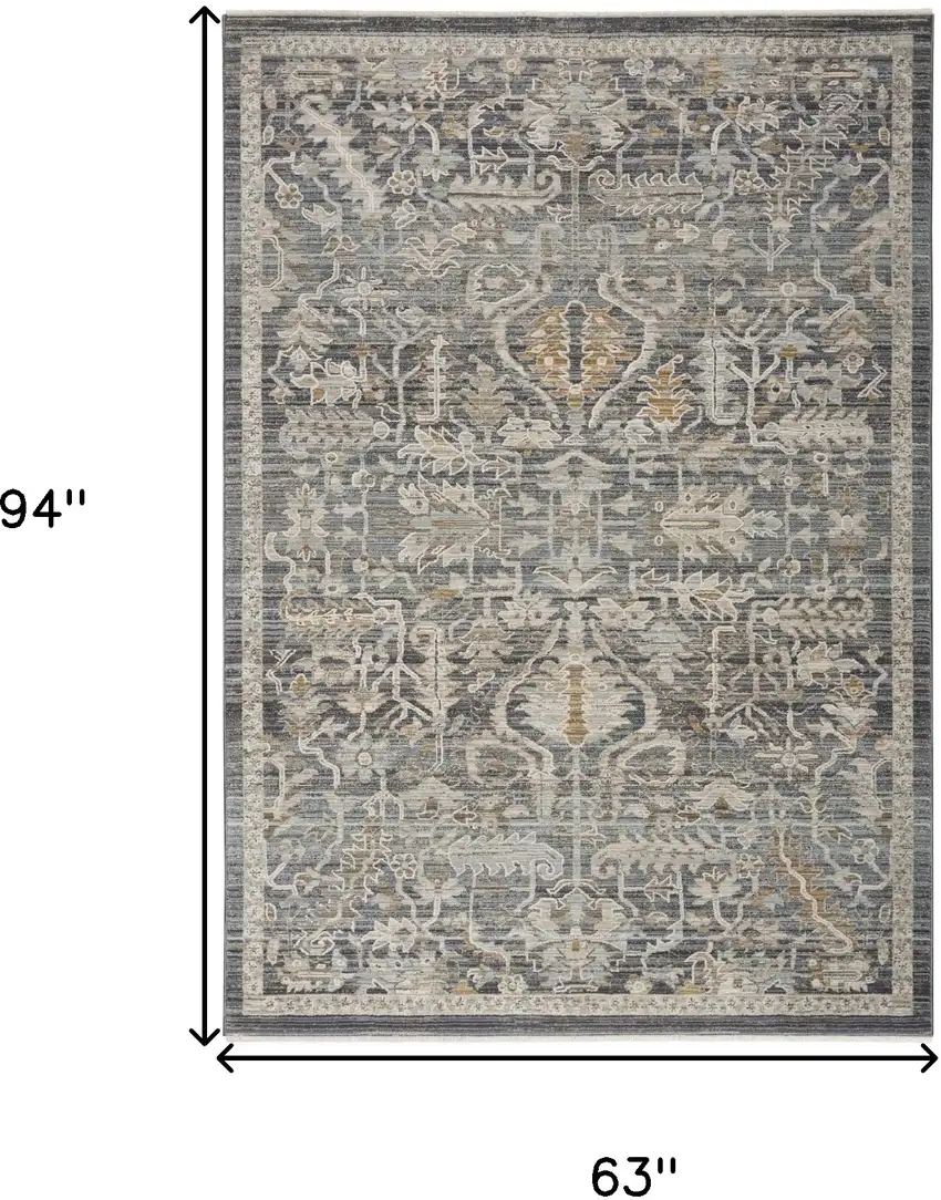 Navy Blue Yellow And Ivory Oriental Distressed Area Rug With Fringe Photo 3