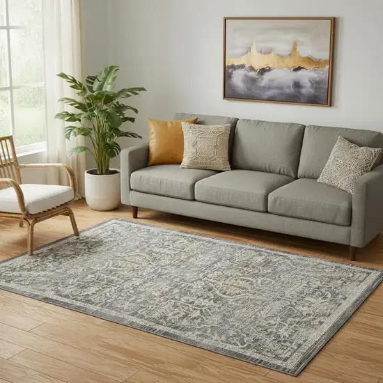 Navy Blue Yellow And Ivory Oriental Distressed Area Rug With Fringe Photo 1