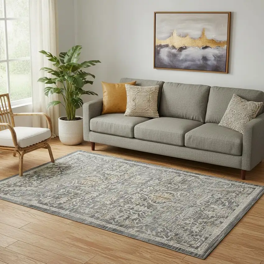 Navy Blue Yellow And Ivory Oriental Distressed Area Rug With Fringe Photo 1