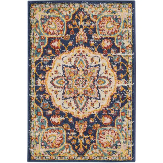 Navy Blue Yellow And Red Floral Area Rug Photo 5