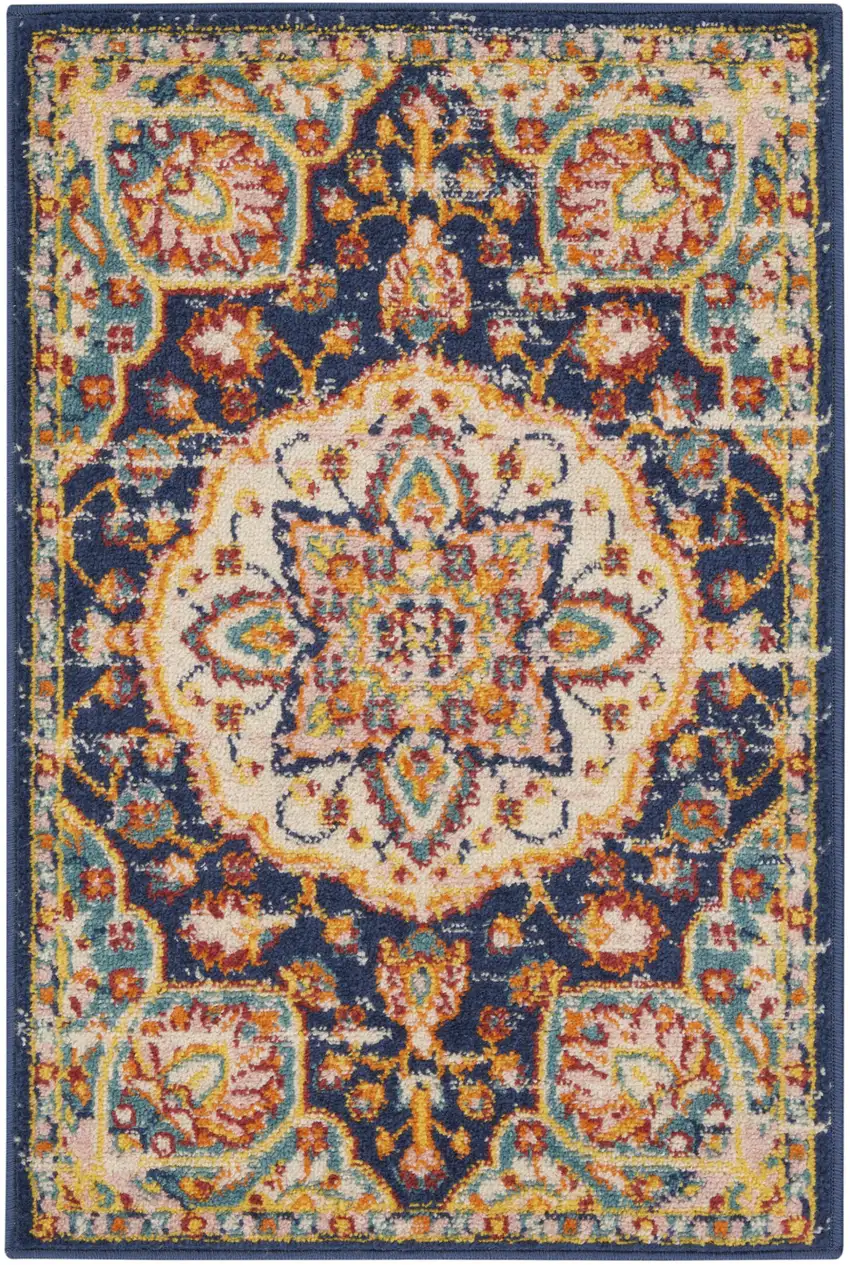 Navy Blue Yellow And Red Floral Area Rug Photo 5