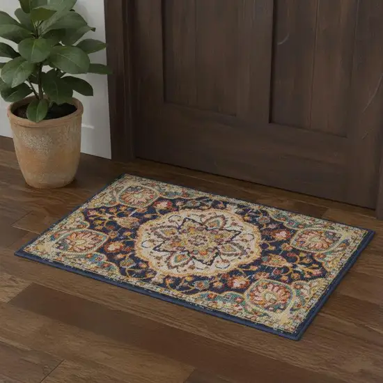 Navy Blue Yellow And Red Floral Area Rug Photo 1