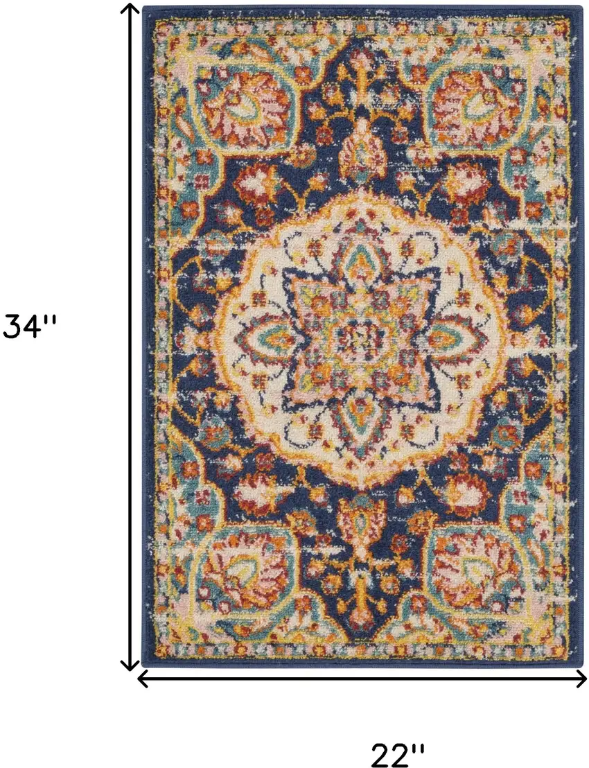 Navy Blue Yellow And Red Floral Area Rug Photo 3