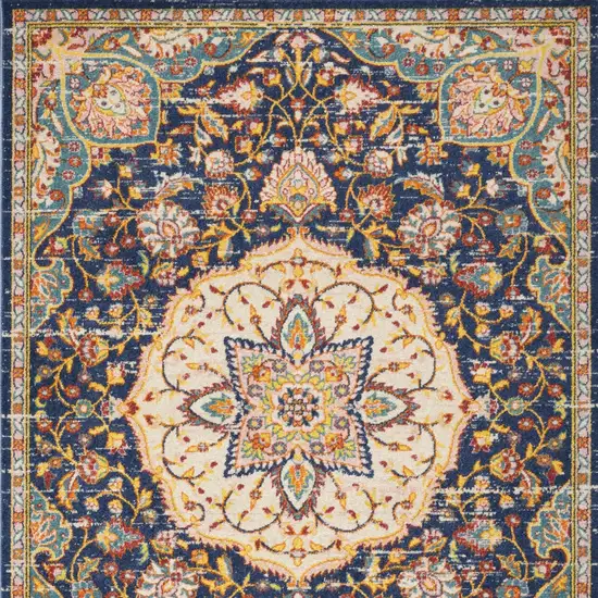 Navy Blue Yellow And Red Floral Medallion Area Rug Photo 5