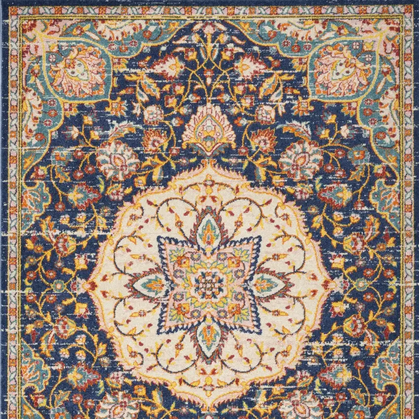 Navy Blue Yellow And Red Floral Medallion Area Rug Photo 5
