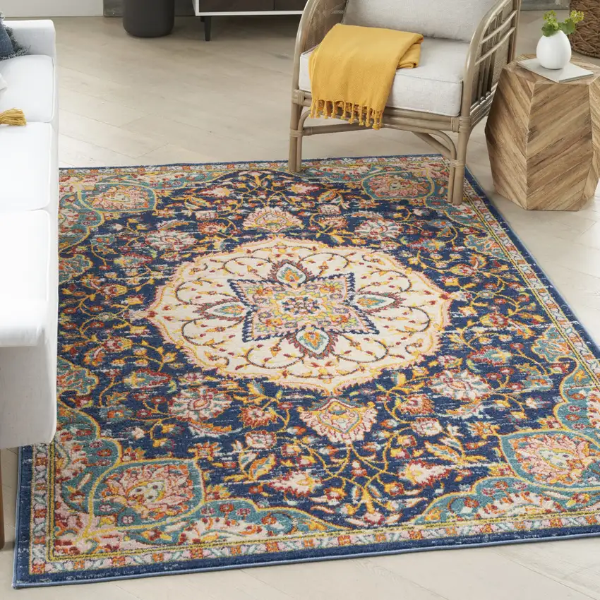 Navy Blue Yellow And Red Floral Medallion Area Rug Photo 3