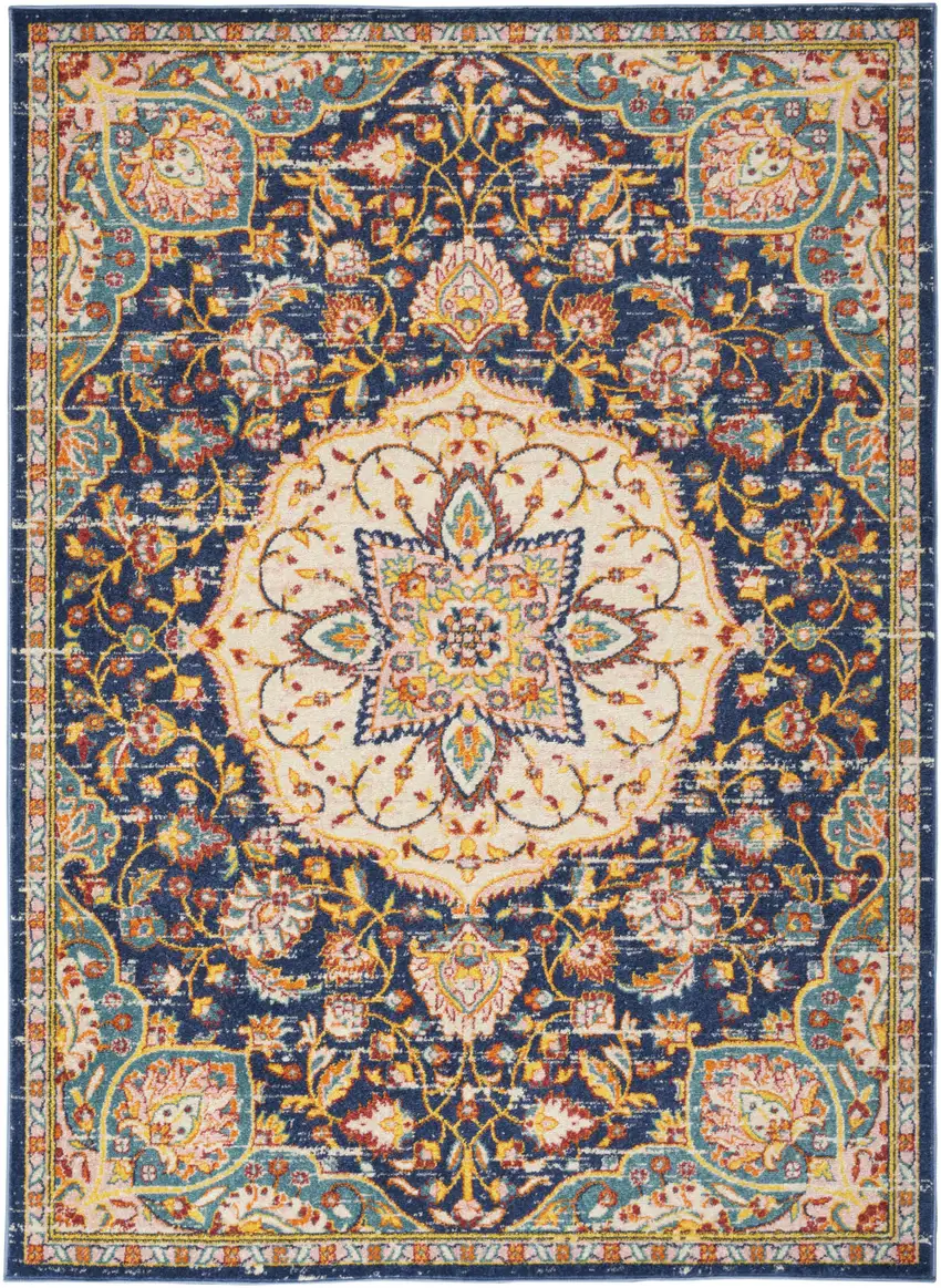 Navy Blue Yellow And Red Floral Medallion Area Rug Photo 9