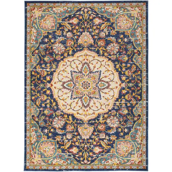 Navy Blue Yellow And Red Floral Medallion Area Rug Photo 9