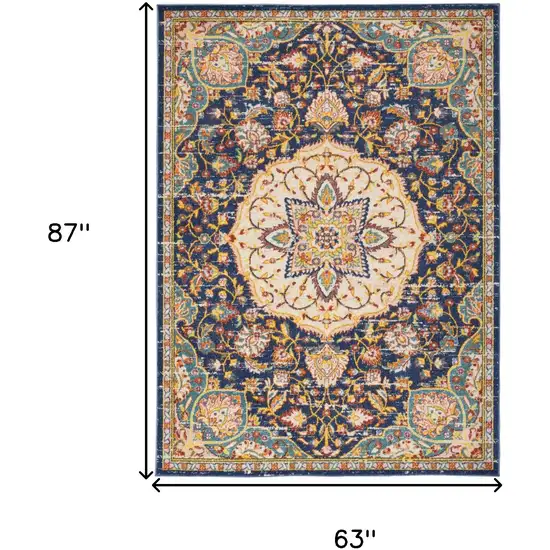 Navy Blue Yellow And Red Floral Medallion Area Rug Photo 3