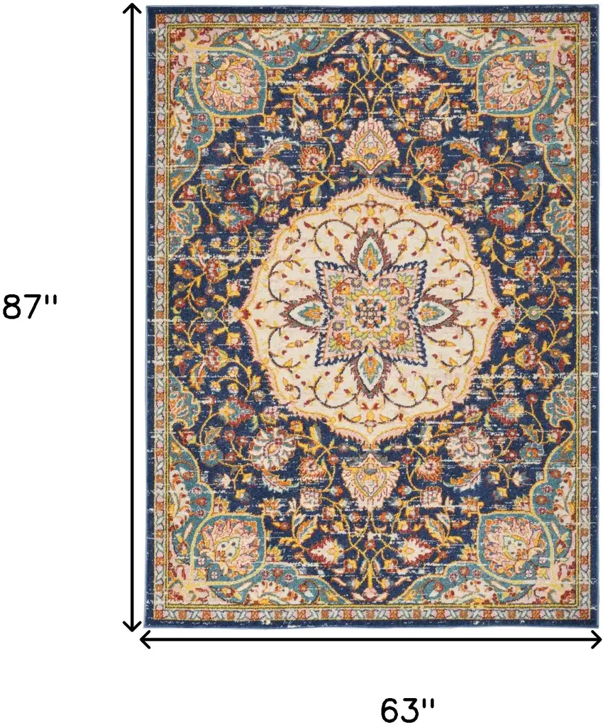 Navy Blue Yellow And Red Floral Medallion Area Rug Photo 3