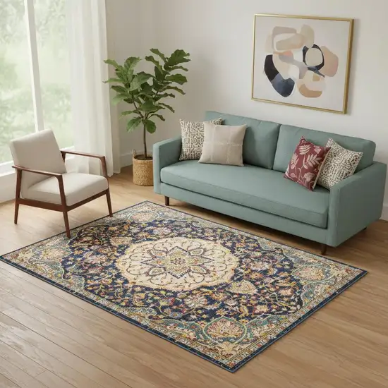 Navy Blue Yellow And Red Floral Medallion Area Rug Photo 1