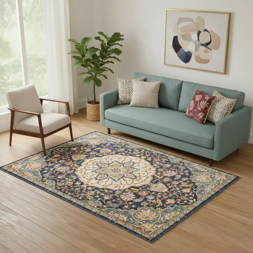 Navy Blue Yellow And Red Floral Medallion Area Rug Photo 1