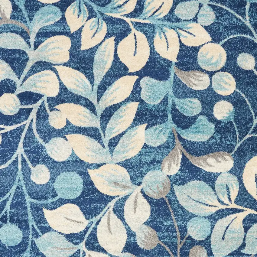 Navy Blue and Beige Botanical Leaves Area Rug Photo 6