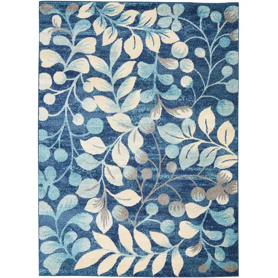 Navy Blue and Beige Botanical Leaves Area Rug Photo 9