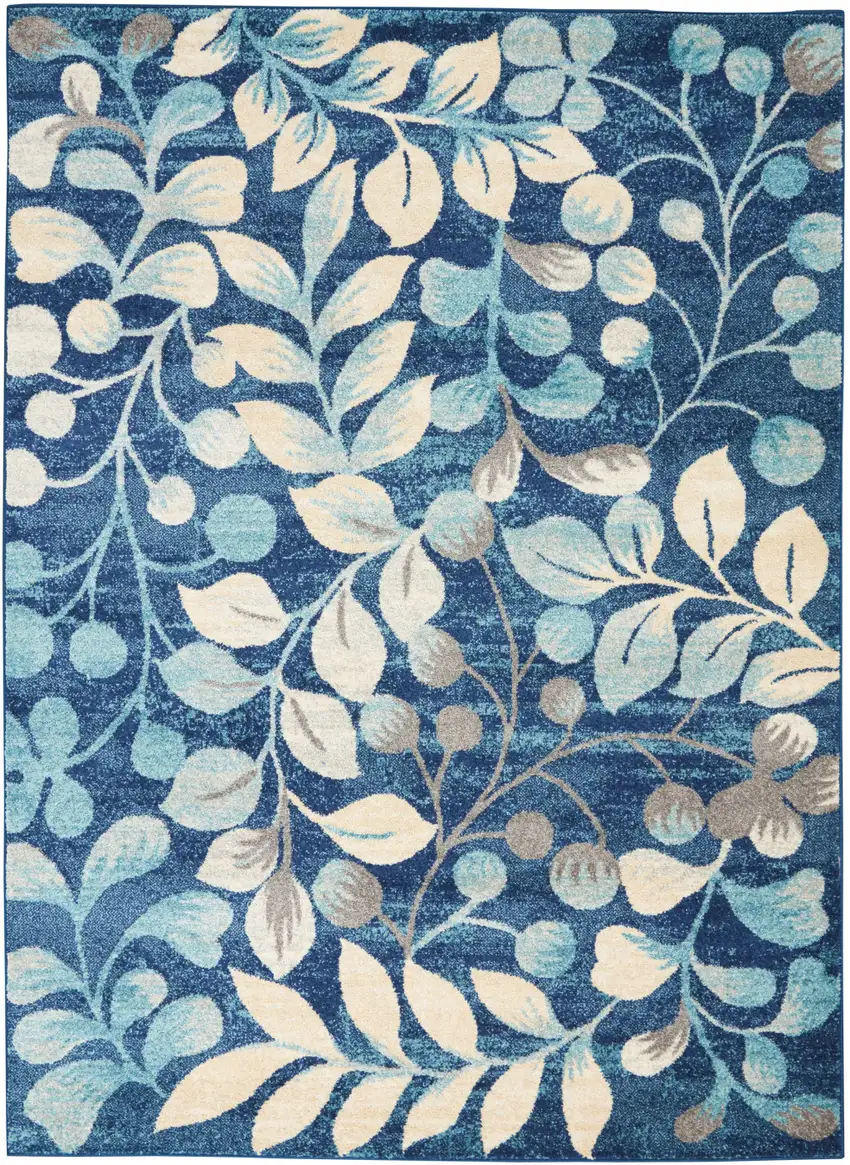 Navy Blue and Beige Botanical Leaves Area Rug Photo 9