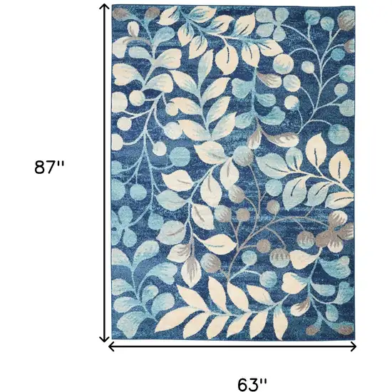 Navy Blue and Beige Botanical Leaves Area Rug Photo 3