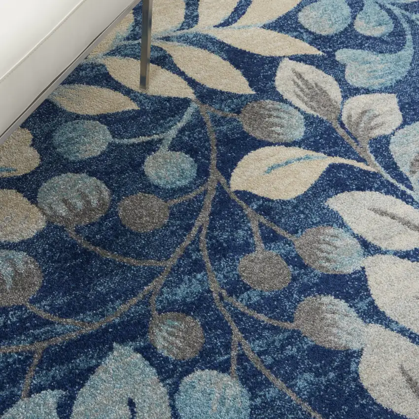Navy Blue and Beige Botanical Leaves Area Rug Photo 8