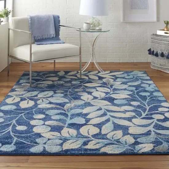 Navy Blue and Beige Botanical Leaves Area Rug Photo 7