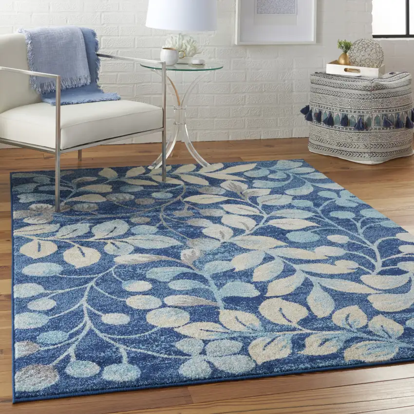Navy Blue and Beige Botanical Leaves Area Rug Photo 9