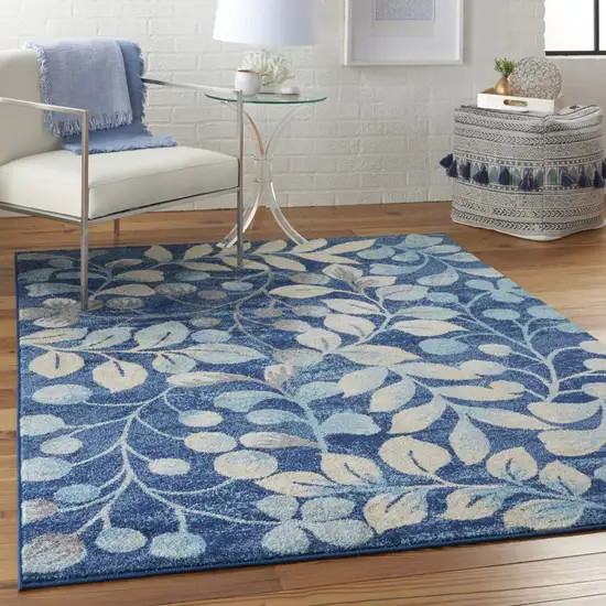 Navy Blue and Beige Botanical Leaves Area Rug Photo 9