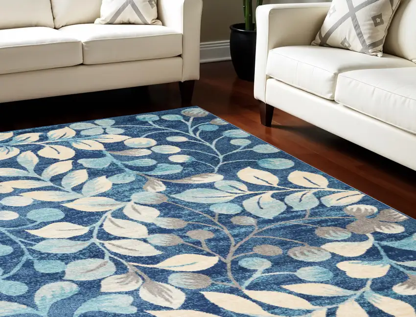 Navy Blue and Beige Botanical Leaves Area Rug Photo 1